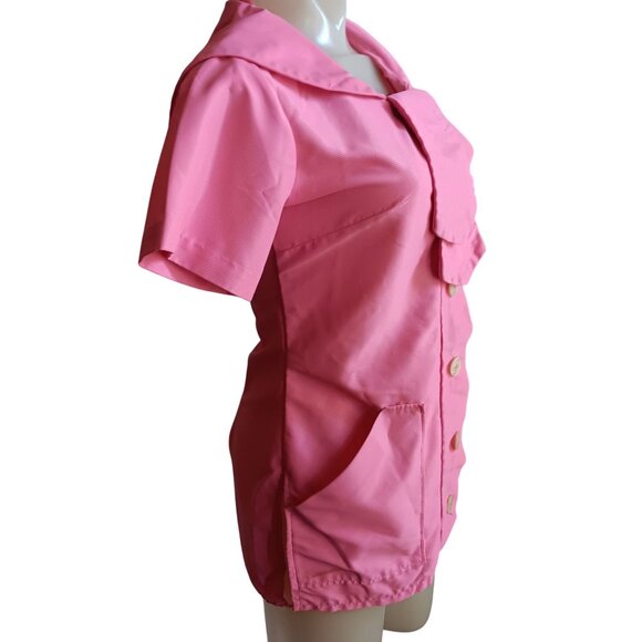Women's Small Vintage Beautician Blouse Pink 1960's Acetate Mod Stewardess Tunic - Picture 3 of 8